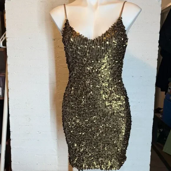 Glam Party Cocktail Metalic Gold Eight Sixty Sequin Bodicon Spaghetti Strap S - Picture 6 of 8